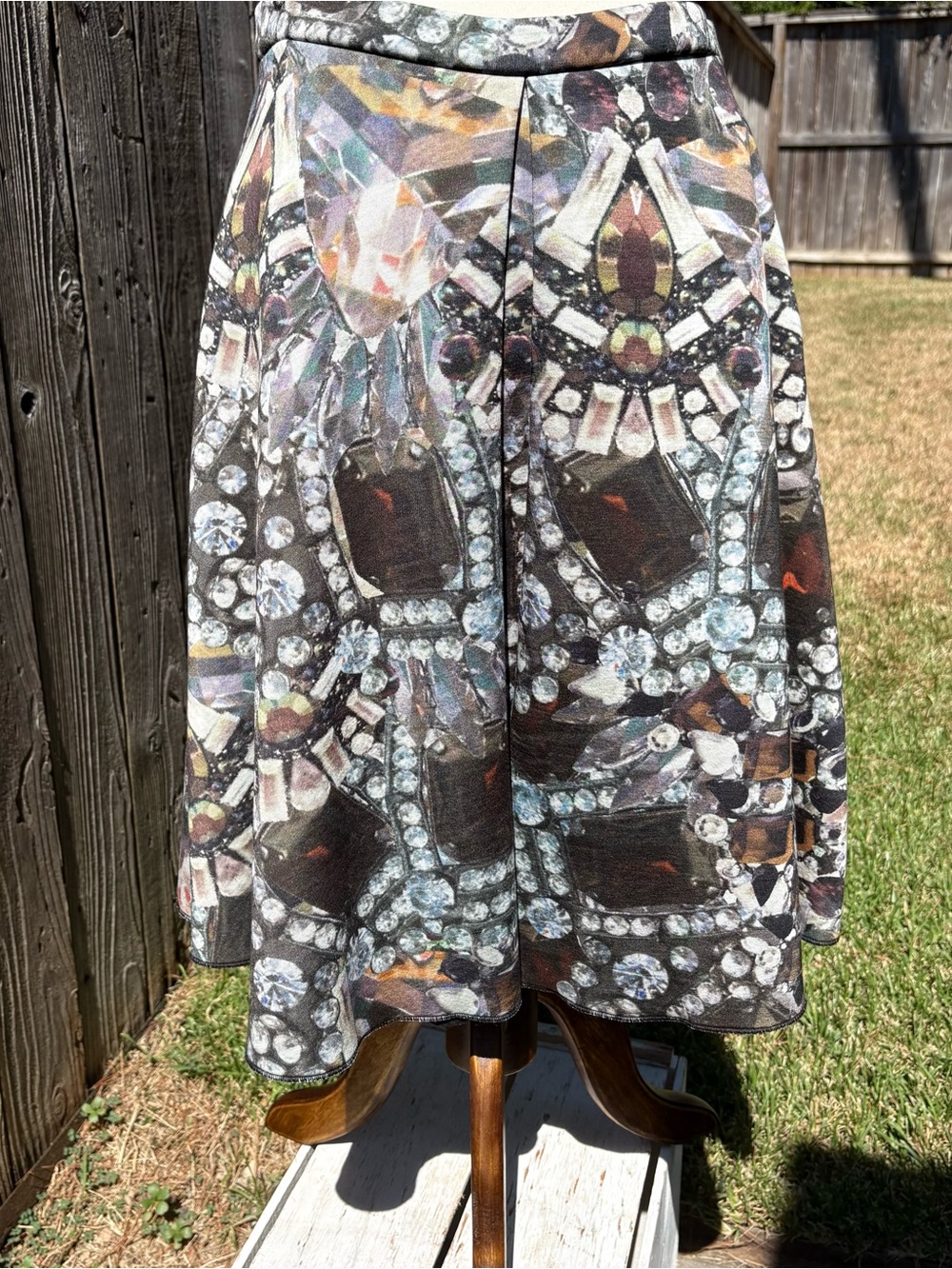 H&M A-Line Scuba Full Skirt in Black, Brown, Gray with Jewel Print